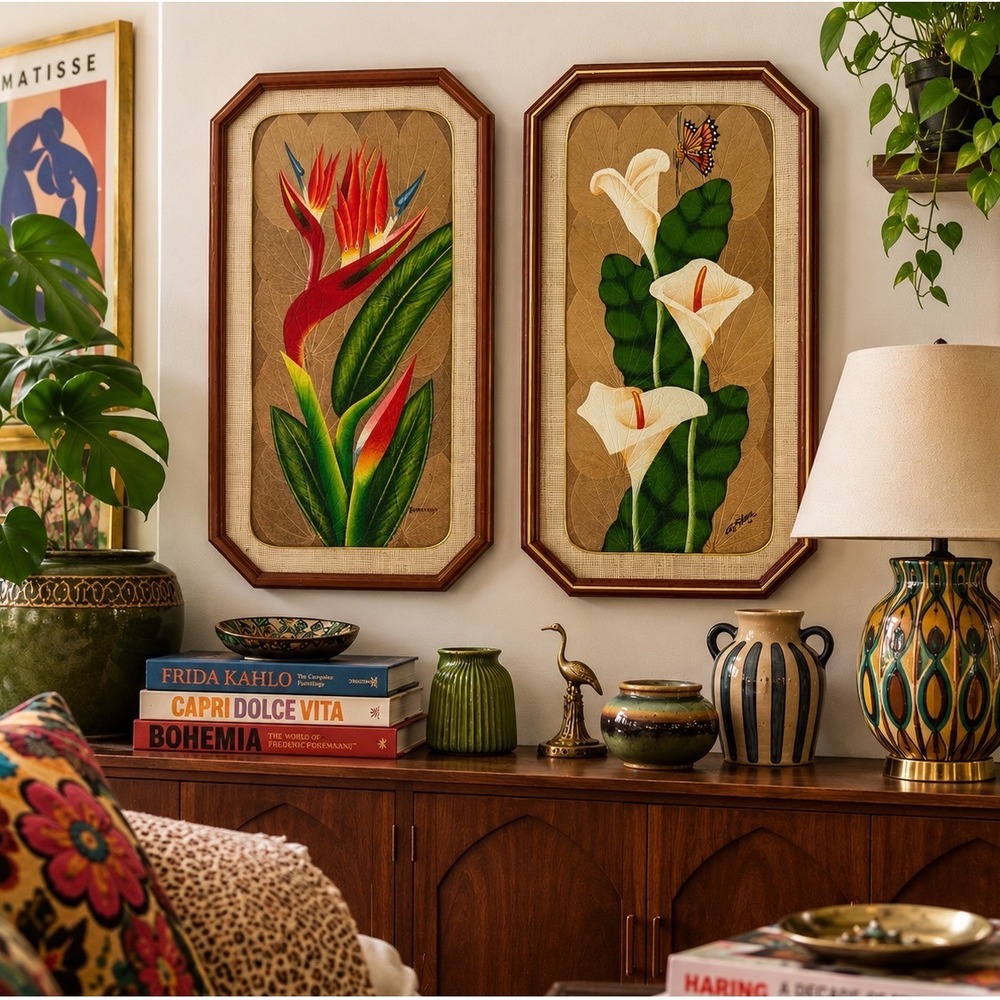 Vintage Tropical Skeleton Leaf Art Pair Bird of Paradise Calla Lily Framed Set